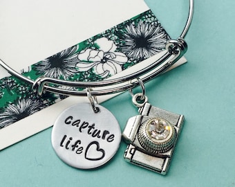 Camera Bracelet, Silver Camera Jewelry, Photographer Gift, Capture Life, Hand stamped Jewelry, Photography