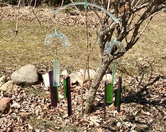 Two-Tiered Purple and Green Glass Wind Chimes