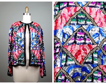 Avant Garde Sequin Jacket by Judith Ann Creations / Retro Bright Sequined Blazer Jacket M/L