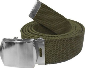 Olive Drab Belt & Chrome Buckle 100% Cotton Military 54" Long Web Belt