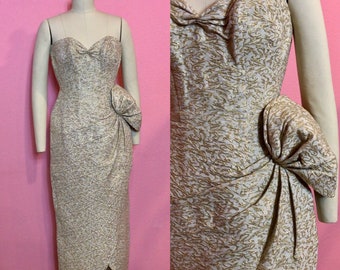 Vintage 1950s Dress - Gold Lurex Brocade Strapless Gown - S M