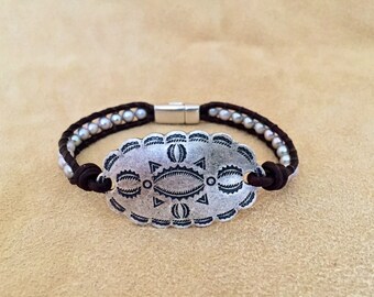 Concho and Silver Pearl Leather Bracelet