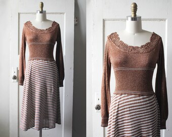 Vintage 1970s Copper Knit Dress / 70s Silver Lurex Striped Dress / Wenjilli Dress