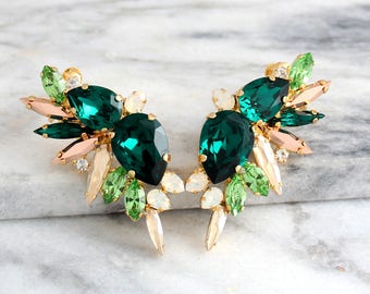 Emerald Earrings, Bridal Climbing Earrings, Emerald Ear Cuff Earrings, Bridal Climbing Earrings, Green Earrings, Swarovski Emerald Earrings