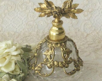 1950's - 60's Vintage Pressed Glass and Brass Perfume Bottle - Boudoir - Vanity