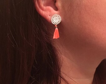 Print in silver and coral tassel earrings