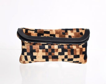 Vintage 1960s Pixelated Fabric Clutch 60s Tapestry Bag