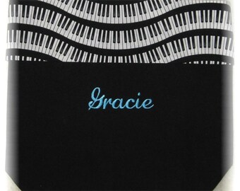 PIANO MUSIC lesson book tote bag personalized black canvas wavy keyboard musician kids birthday recital teacher gift idea