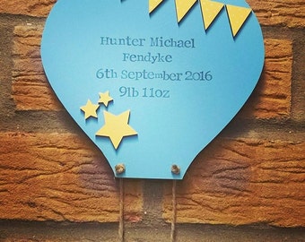 New Baby Hanging Hot Air Balloon Wall Plaque christening gift new arrival nursery decor