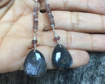 Chocolate Moonstone and Sapphire Earrings