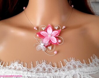 wedding flower Mia pink coral White Pearl wedding silver Butterfly Necklace