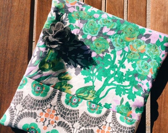 Floral Gray Fold-Over Clutch Purse, Fabric Clutch Bag, Women's Evening Bag