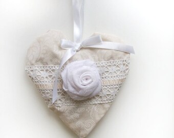 Heart Pillow valentines day decor, wedding gift, wedding white decor, valentine heart, cottage chic, hanging heart, fabric ribbon lace