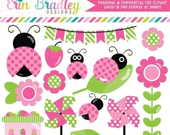 80% OFF SALE Ladybug Pink Clipart Graphics with Strawberries Bunting Pinwheels Commercial Use Clip Art