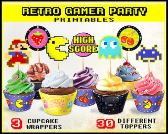 Retro Arcade Game party cupcake toppers and wrappers, video games, Gamer party, 80s party, Printable Nintendo Pacman Mario Zelda Space