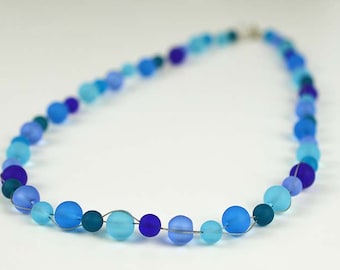 Blue sea glass necklace blue beads blue beaded necklace Saturn necklace cobalt blue seaglass aqua blue sea glass jewelry handmade jewelry