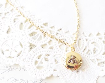 Tiny 14k Gold Plated Bee Locket - Bumble Bee Locket - Bumblebee - Gold Round Locket - Gold Bee Locket - Woodland - Flying Insect Locket