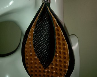 Mariana: is a three layer leather earring. It has two layers of black picota leather layers and a tan embossed patterned leather layer.