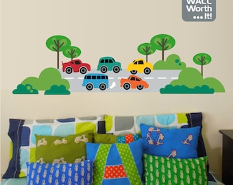 Cars on Road Vinyl Wall Decal - Boy's Room or Playroom Wall Sticker