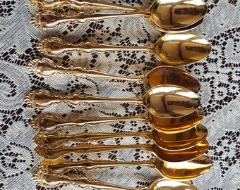 Vintage Towle "Golden Baroness" 10 Pieces of Gold-Plated Oval Soup Spoons, Gold Electroplate, Supreme Cutlery, Made in Japan, Baroque 1980s.