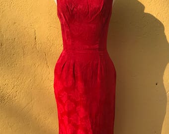 1950s red brocade wiggle dress.