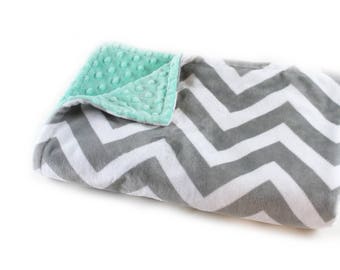 Minky Baby Blanket, 42 x 55 Personalized Baby Blanket, Mint Chevron Baby Blanket, Crib Bedding, Gray Chevron Blanket, Kids Minky Blanket