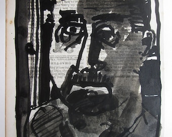 Summer Self, Original India Ink and Wash Self Portrait Drawing on Antique Book Paper, Stooshinoff