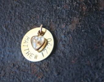 Faith the Size of a Mustard Seed Scripture Hand Stamped Brass Disc Gold Plated Heart Mustard Seed CHARM ONLY