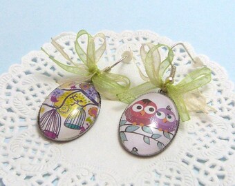 Birds and cages, cabochons, costume jewelry Silver earrings