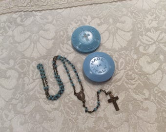 Miniature Aqua Blue Seed Bead Rosary Italian Case Casket Antique Vintage