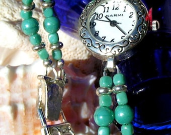 Silver Watch, Swarovski Teal Pearl and Silver Jewelry W065