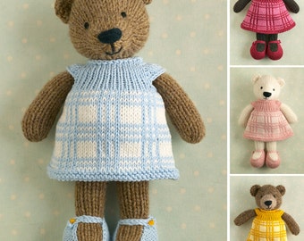 Toy knitting pattern for a girl bear with a plaid dress