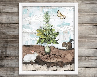 Rabbit Printable Artwork , Vintage Inspired Botanical Art Print , Blue and Beige Art , Instant Download Rabbit Wall Art