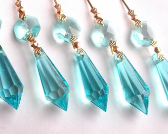5 Light Aqua 38mm Icicle Chandelier Crystal Ornaments Antique Green Prism