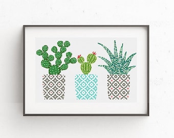 Cactus cross stitch pattern Geometric cross stitch pattern Natural embroidery sampler Flower, floral cross stitch PDF printable Modern Gift