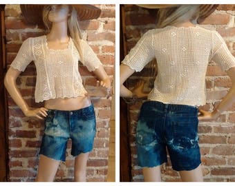 Vintage Handknit Crop Top Boho Hippie Size Small