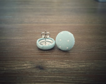 Aqua Earrings. White Polka Dots. Aqua and White. Handmade Earrings. Fabric Covered Button Earrings. Stud Earrings. Clip On Earrings.