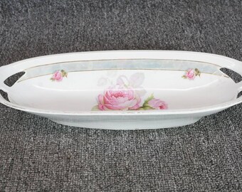 Slender Germany 1976 Porcelain Serving Tray With Pink Rose Pattern