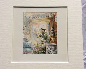 Vintage mounted original colour page from Beatrix potter The Tailor of Gloucester Mouse 6x6 mounted picture