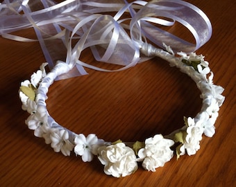 Communion Crown Flower Girl Crown - Head Wreath Head Piece Bridal Floral Ribbon Crown Halo Wreath Garland antique white ivory C-Denise