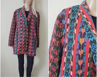 Aztec jacket Tribal pattern Ethnic coat Womens vintage 90s Navajo Colourful Print Red Blazer Boho folk Woven Oversized Southwestern S M L