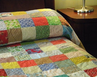 Quilts, handmade Patchwork bed Quilt, Queen Size 93 X 102 all cotton blanket, retro vintage look, bedding, primary colors, bedding decor