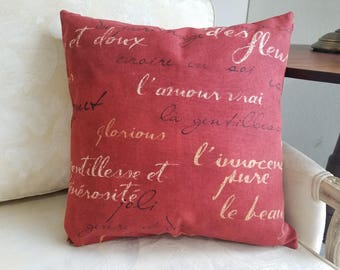 Rust Red, Grey, Yellow & Natural French Script Pillow Cover - Various Sizes