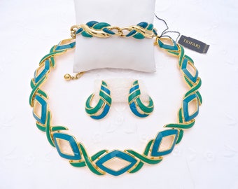 Vtg Trifari Parure Blue Green Enamel Abstract Necklace, Bracelet Earring Set