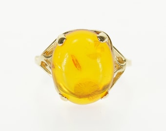 14k Oval Amber Cabochon Prong Inset Statement Ring Gold
