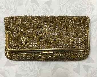 60s Gold Sequin Bead Folding Clutch Evening Purse Handbag