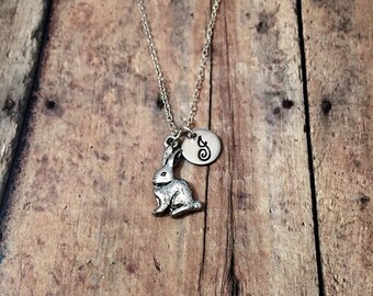 Bunny initial necklace - bunny rabbit necklace, rabbit jewelry, rabbit charm necklace, silver rabbit necklace, Easter jewelry