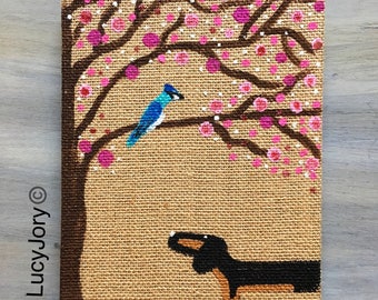REDUCE Dachshund Burlap hand painted Cherry Blossom Journal with Bluejay