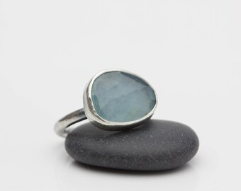 Aquamarine and Sterling Ring Rose Cut Aquamarine Ring Pale Blue Stone Faceted Aquamarine March Birthstone Size 7