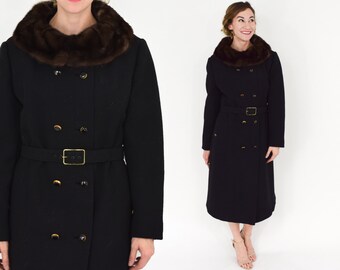 60s Black Wool Knit Mink Collar Coat | Belted Double-Breasted Wool Coat | Feringe | Large